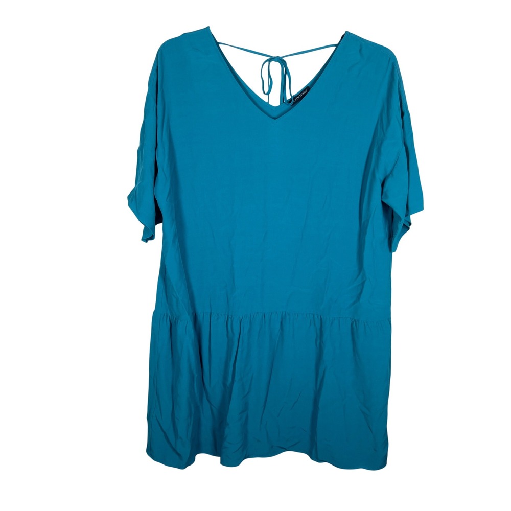 Eileen Fisher Dress Womens Large Teal Blue V-Neck Short Sleeve Drop Waist Tencel